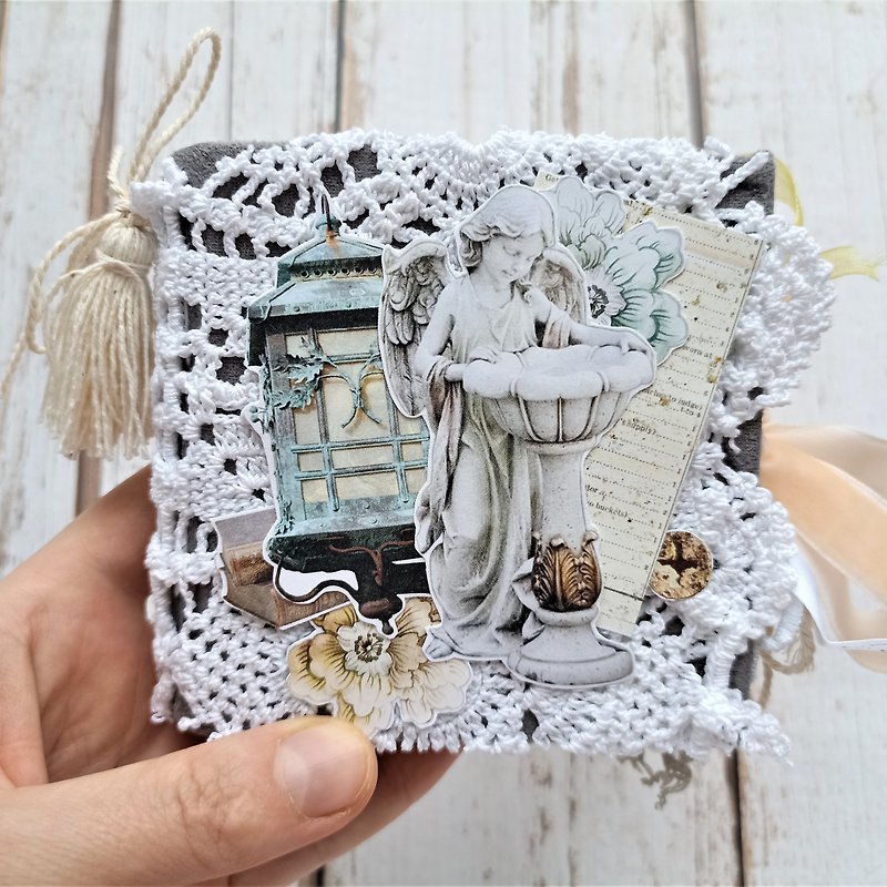 Vintage junk journal handmade Lace angel Tiny mint diary for sale homemade blank - 筆記簿/手帳 - 紙 白色
