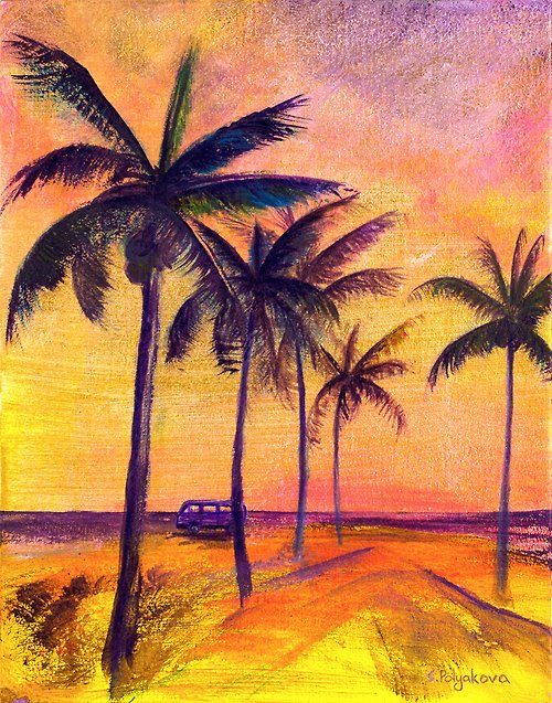 Polyakova Art Palm Tree Painting Golden Sunset Acrylic Painting Miami Painting Original Art