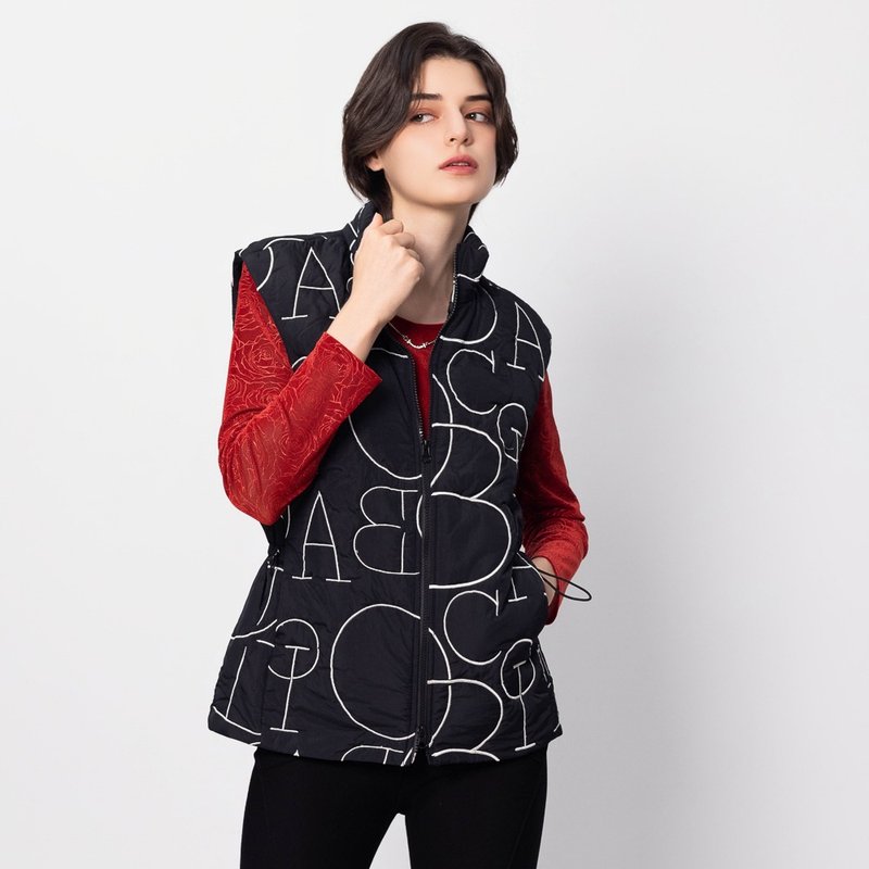 【MEDUSA】刺繡字母黑色抽繩背心外套(M-XL) | 女鋪棉外套 - 女大衣/外套 - 聚酯纖維 黑色