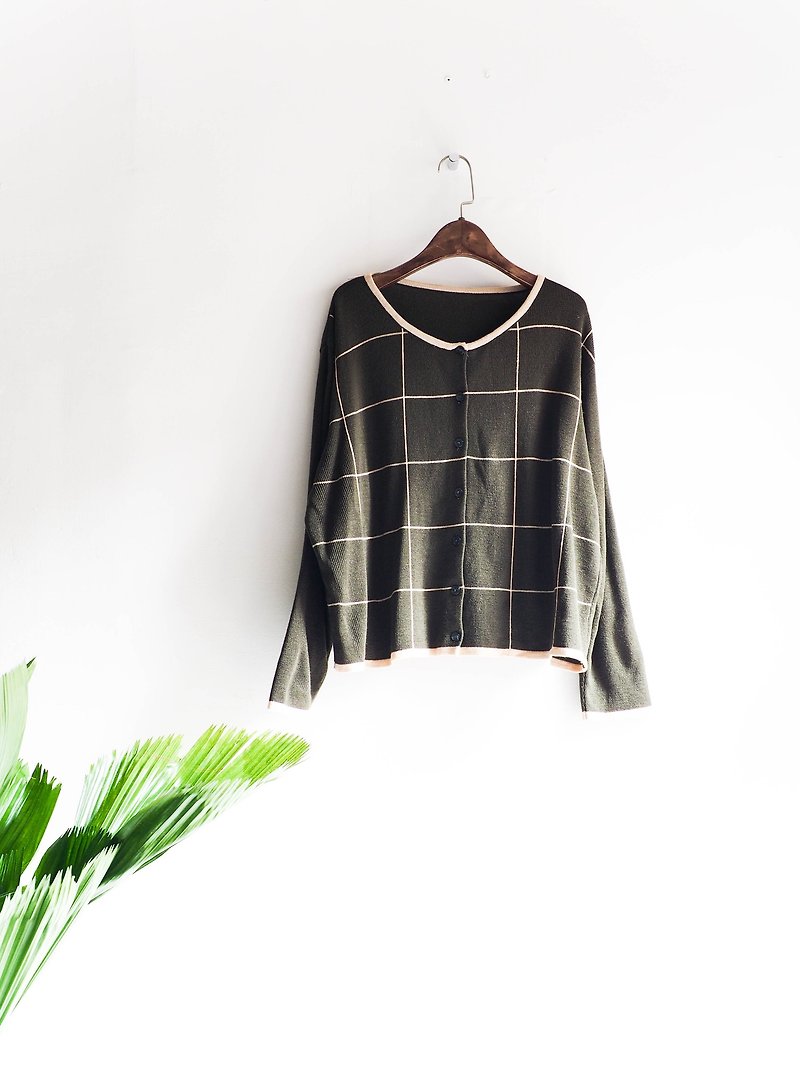 River Hill - olive green checkered green tea cake taste antique wool sweater vintage cardigan sweater vintage oversize - Women's Sweaters - Wool Green