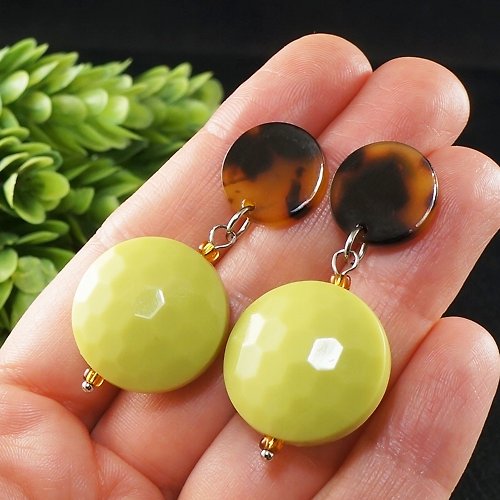 AGATIX Spring Green Yellow Large Round Stud and Dangle Drop Statement Earrings Jewelry