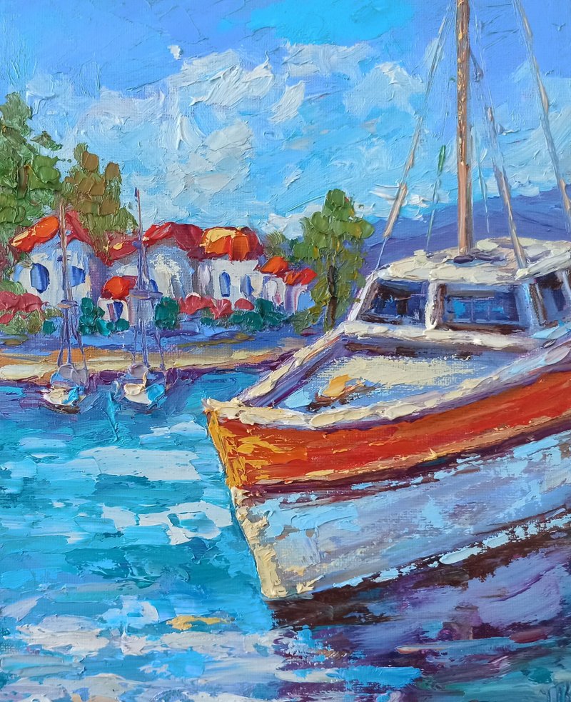 Sailboat Oil Painting on Canvas Board 25x20cm Seascape Original Art Seaside - 海報/掛畫/掛布 - 其他材質 多色