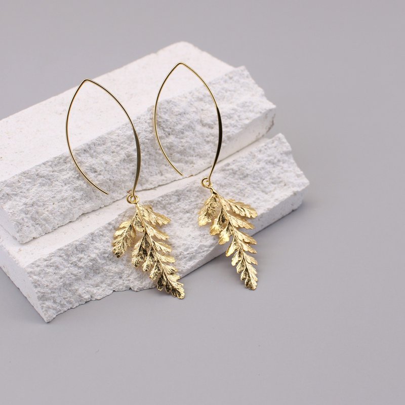 Rabbit's Foot Fern Sterling Silver Earrings 18K Gold Plated Clip Earrings Large Hook Three Colors - Earrings & Clip-ons - Copper & Brass Silver