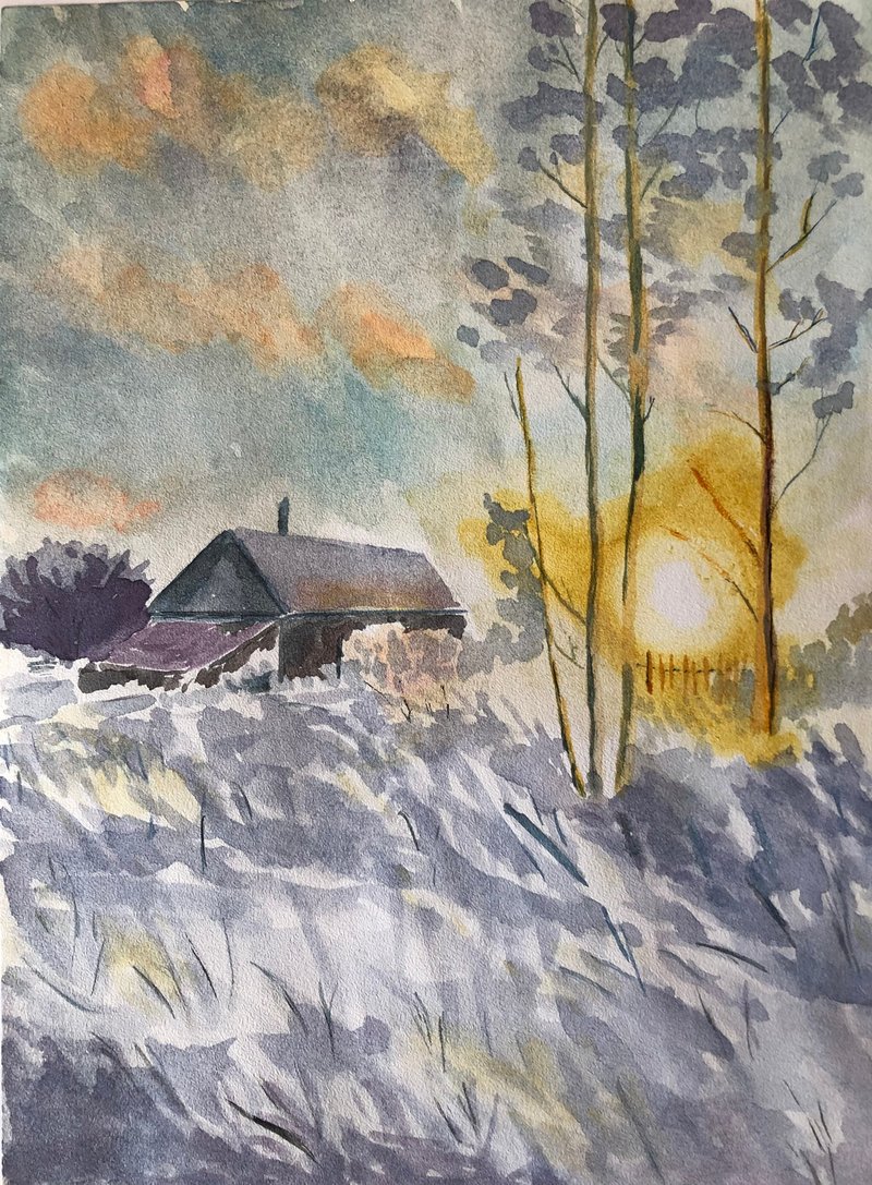 Winter scenery original watercolour painting wall art kitchen painting cabinets - Wall Décor - Paper Gray