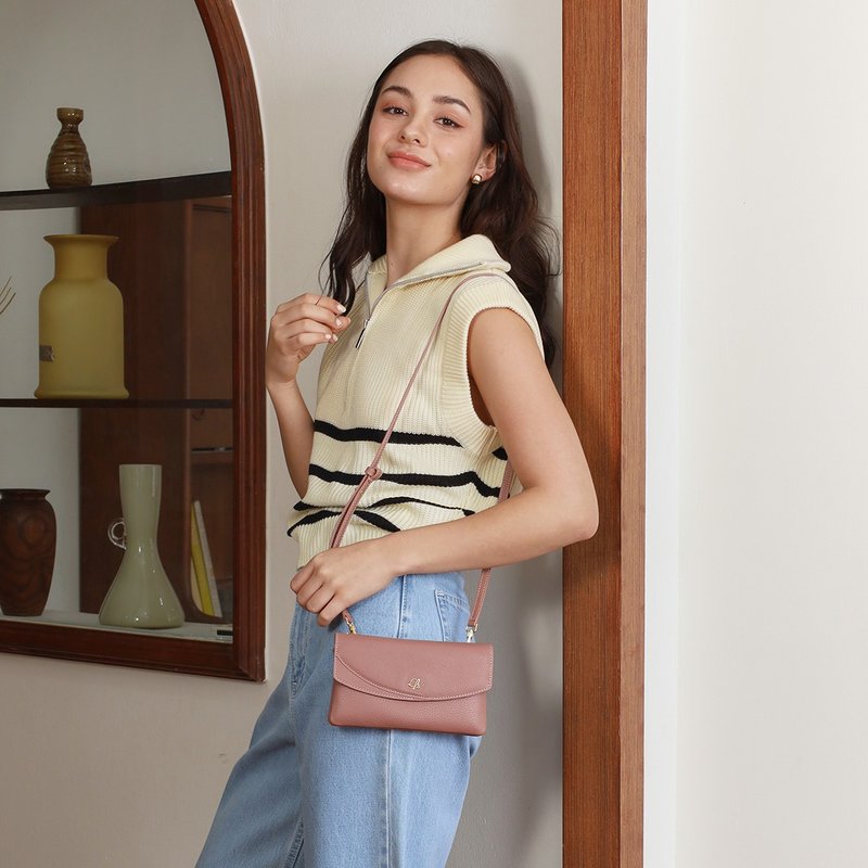 Millie (Tea rose) : Long wallet, Cow leather, Clutch, Crossbody bag, Nude pink - กระเป๋าสตางค์ - หนังแท้ สึชมพู