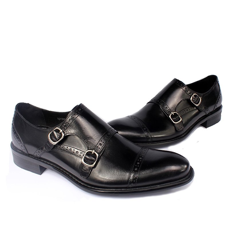 Sixlips horizontal carved double buckle Munk shoes black - รองเท้าลำลองผู้ชาย - หนังแท้ สีดำ