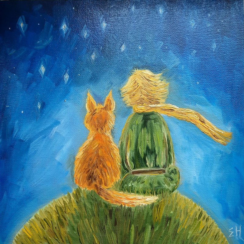 Little Prince oil painting Little prince fox kids wall art 小王子油畫 Customized Gift - โปสเตอร์ - ผ้าฝ้าย/ผ้าลินิน สีน้ำเงิน