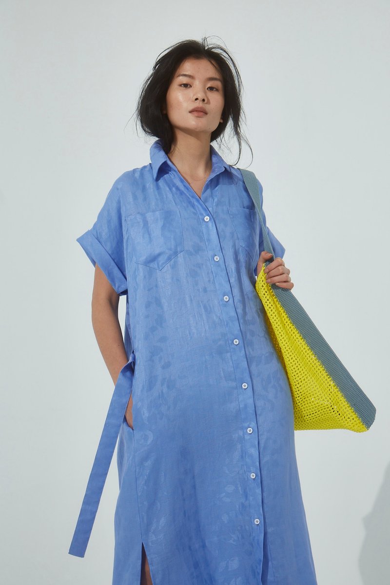 UUIN _ Blue jacquard long dress - ชุดเดรส - ผ้าฝ้าย/ผ้าลินิน สีน้ำเงิน