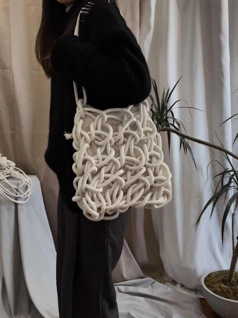 Uthisc is a Linen woven net bag side backpack#large*closed loop series - Messenger Bags & Sling Bags - Cotton & Hemp White