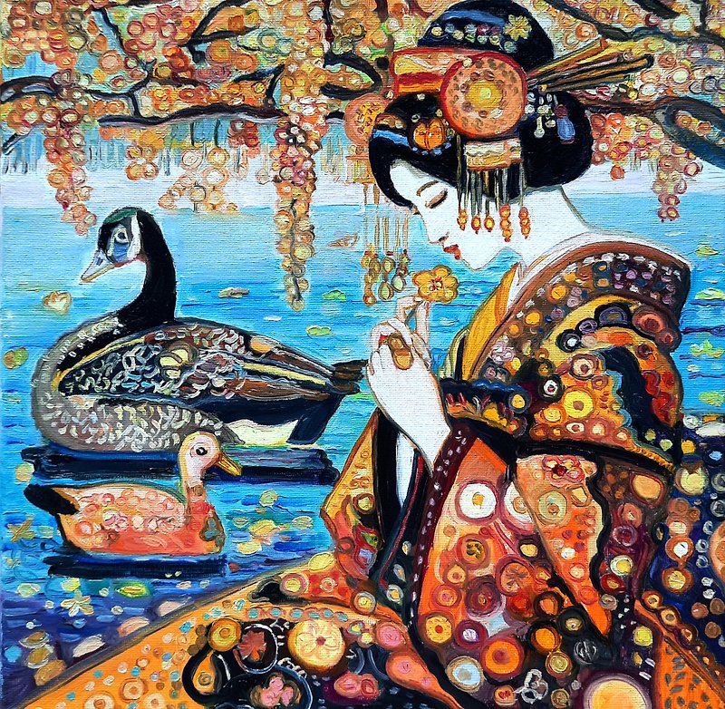 原創畫 The Geisha with ducks  Painting  Original Art  Oil Painting  Oil On Canvas - ตกแต่งผนัง - วัสดุอื่นๆ สีน้ำเงิน
