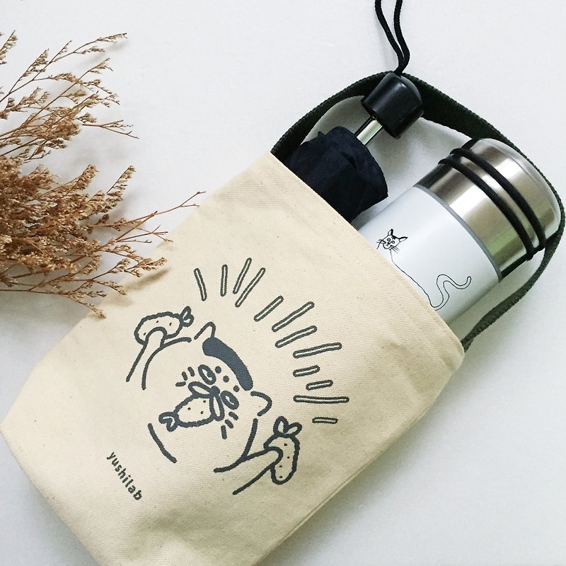 (Second bomb) Goro second anniversary of environmental protection Kettle beverage bag - gray ink + earth green strap - กระเป๋าถือ - ผ้าฝ้าย/ผ้าลินิน 