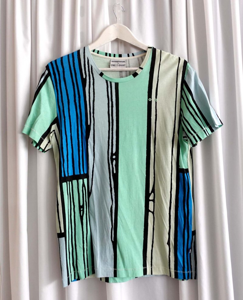 Second-hand second-hand Richard Woods irregular pattern color straight strip print blue-green short-sleeved narrow TEE - เสื้อยืดผู้ชาย - ผ้าฝ้าย/ผ้าลินิน หลากหลายสี