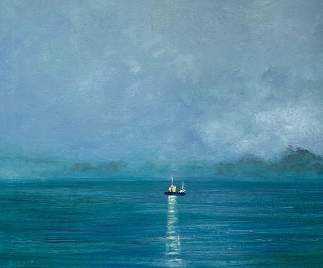 船の絵画オリジナル、キャンバスに油彩、夜の絵画、船の壁の装飾