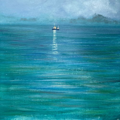 船の絵画オリジナル、キャンバスに油彩、夜の絵画、船の壁の装飾