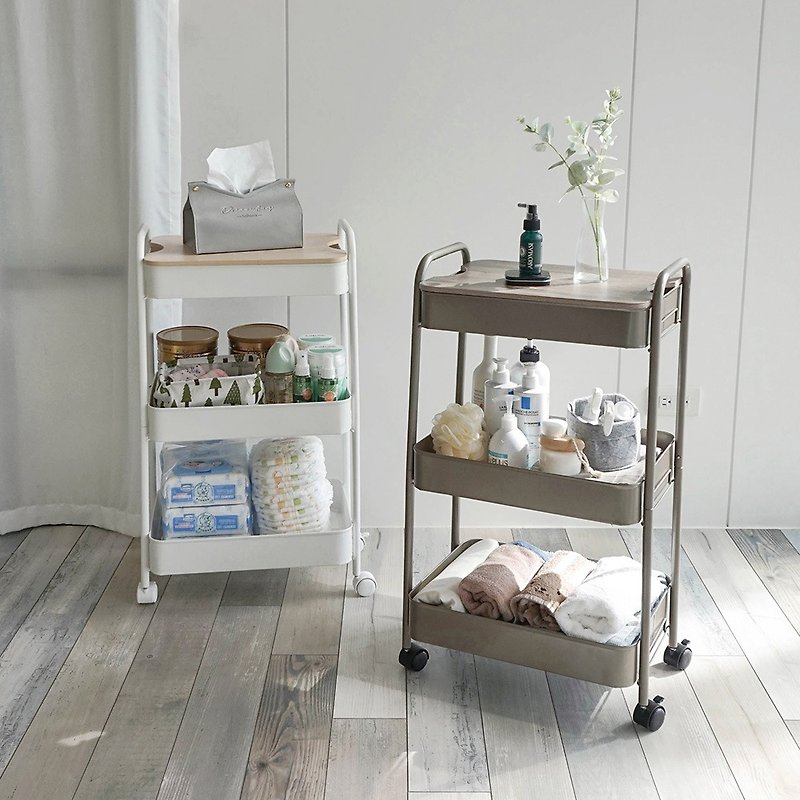 Tool-free iron storage three-tier cart with table plate available in two colors - ชั้นวาง/ตะกร้า - โลหะ หลากหลายสี