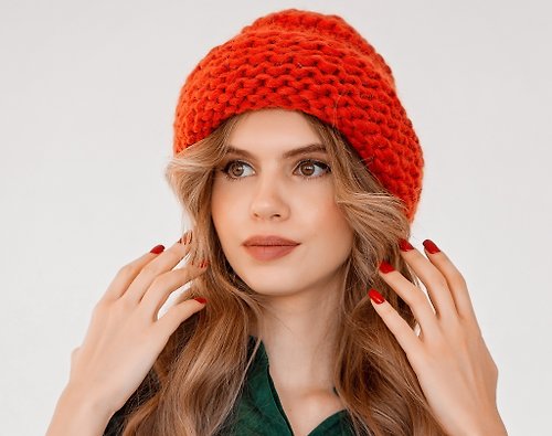 Knittessa Orange Knit cashmere hat. Hand knitting. High-quality handmade.
