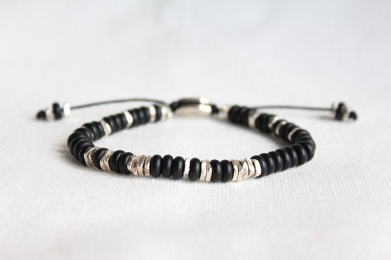 X925 black agate beads national wind silver square natural stone beaded bracelet (wristband) Customized - สร้อยข้อมือ - เครื่องเพชรพลอย สีดำ