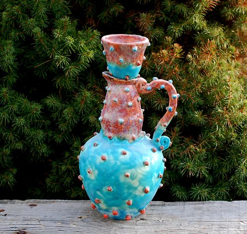 PorcelainShoppe Ceramic jug Blue Pottery Pitcher Liquor Decanter Brown blue glazed Textured