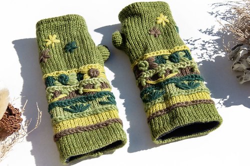 omhandmade 手織純羊毛針織手套/露趾手套/內刷毛手套/保暖手套-北歐花朵刺繡