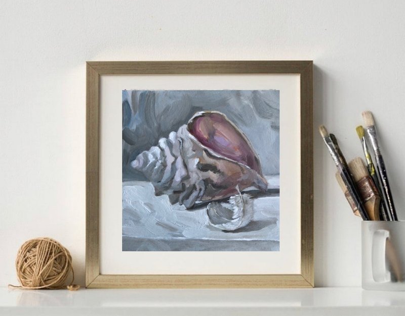 Shell and feathers original oil painting. Size 15x15 cm. Ready for ship. - 壁貼/牆壁裝飾 - 其他材質 灰色