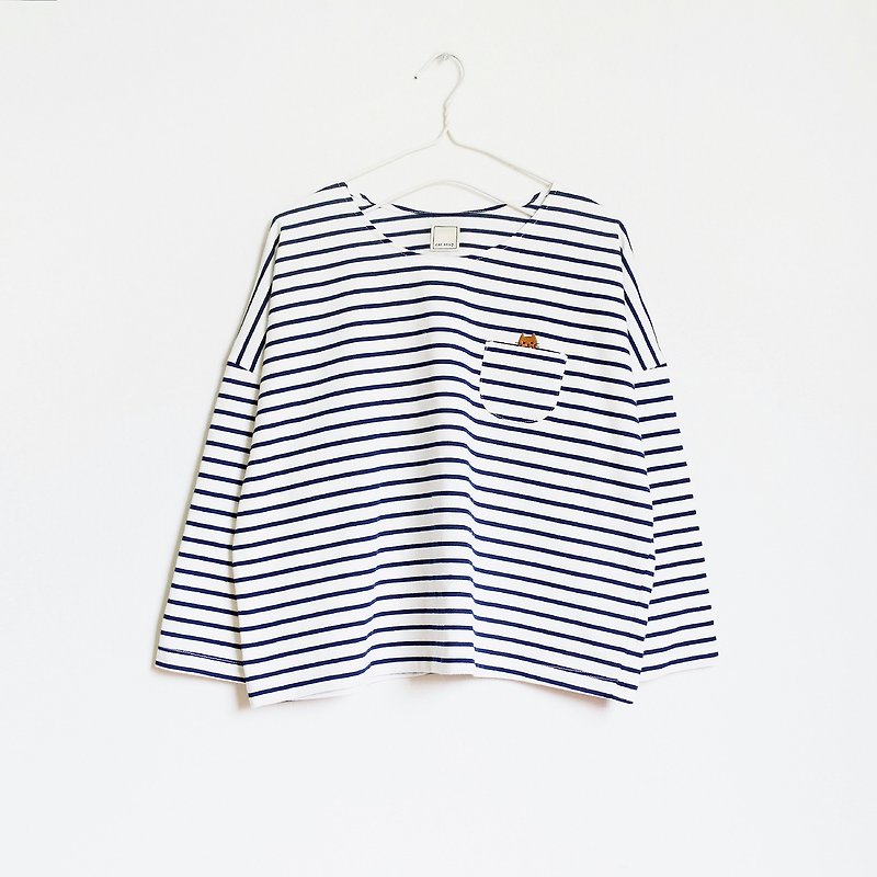 cat soup t-shirt : white × navy - 女 T 恤 - 聚酯纖維 藍色