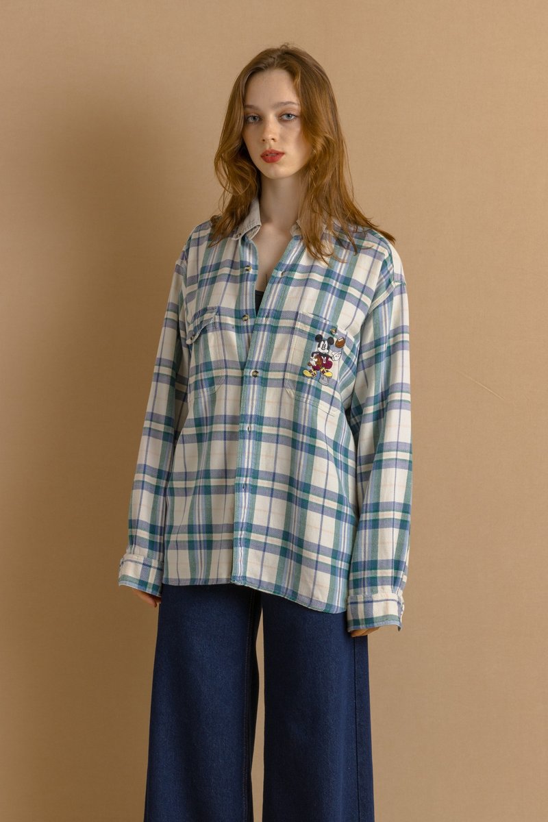 Disney Checked Disneyland Cotton Unisex Shirt Buttons Up Collared Blouse 7453 - 帽T/大學T - 棉．麻 藍色