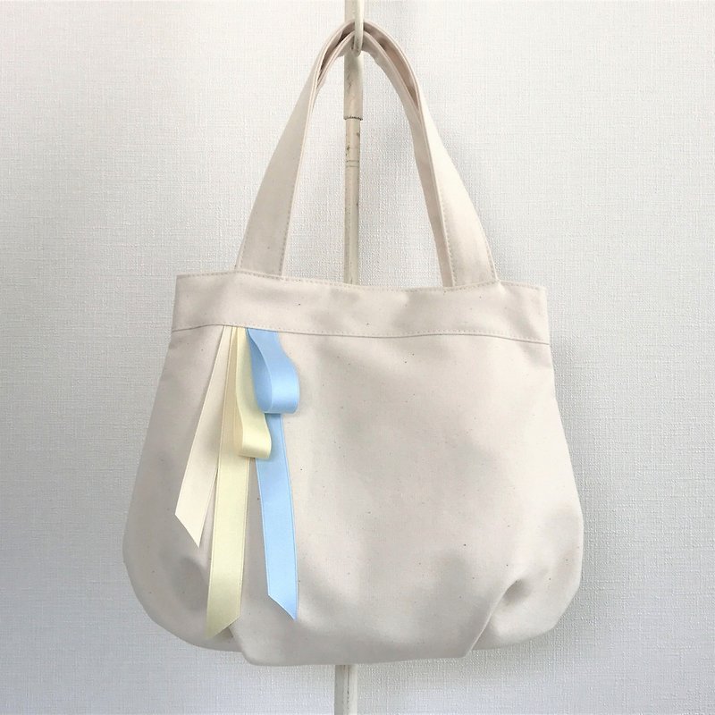 Triple sherbet color ribbon round type tote bag production × blue - กระเป๋าถือ - ผ้าฝ้าย/ผ้าลินิน สีน้ำเงิน
