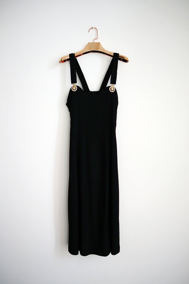 南瓜Vintage。古著 金釦 性感 吊帶 洋裝 - 連身裙 - 其他材質 黑色