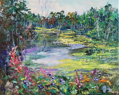 Original oil painting artist Svinar Oksana Pond Forest Flowers Oil Painting Landscape Impasto Original Artist SvinarOksana