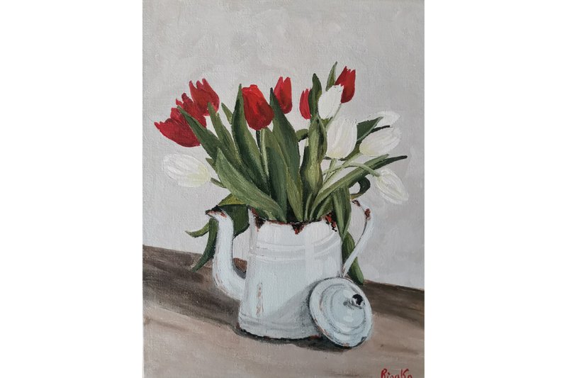 ช่อดอกไม้ทิวลิป Still Life Original ดอกไม้ภาพวาด Handmade Art By RinaArtSK - ตกแต่งผนัง - วัสดุอื่นๆ สีแดง