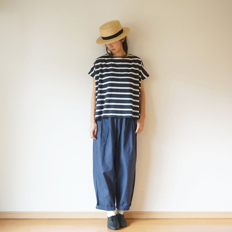 Linen cut-sew - 女 T 恤 - 棉．麻 藍色