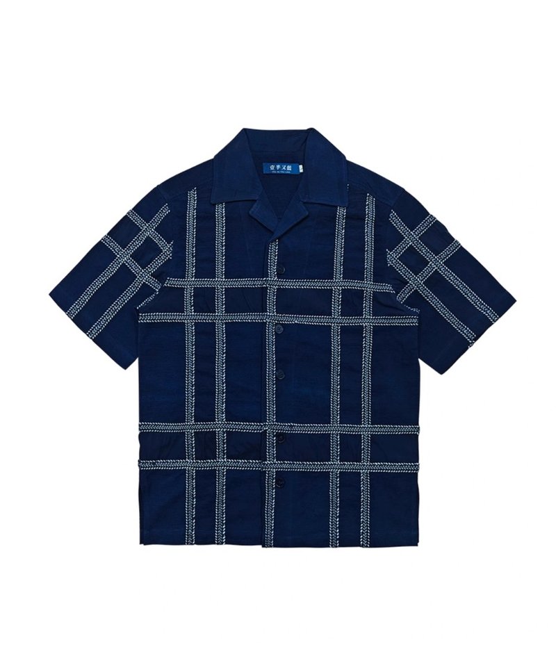 Vertical and horizontal plant blue dyed check jacquard Cuban collar short-sleeved shirt - Men's Shirts - Other Materials Blue