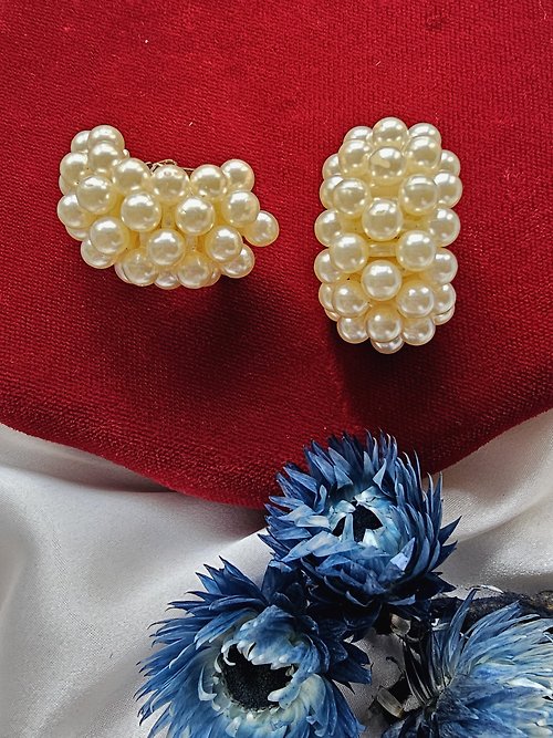 Hale黑爾典藏西洋古董 月彎多排珍珠摩登夾式耳環/vintage美國西洋古董飾品