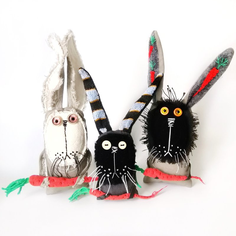 Unique Handcrafted Textile Art Bunnies - Charming One-of-a-Kind Fabric Creations - Stuffed Dolls & Figurines - Cotton & Hemp 