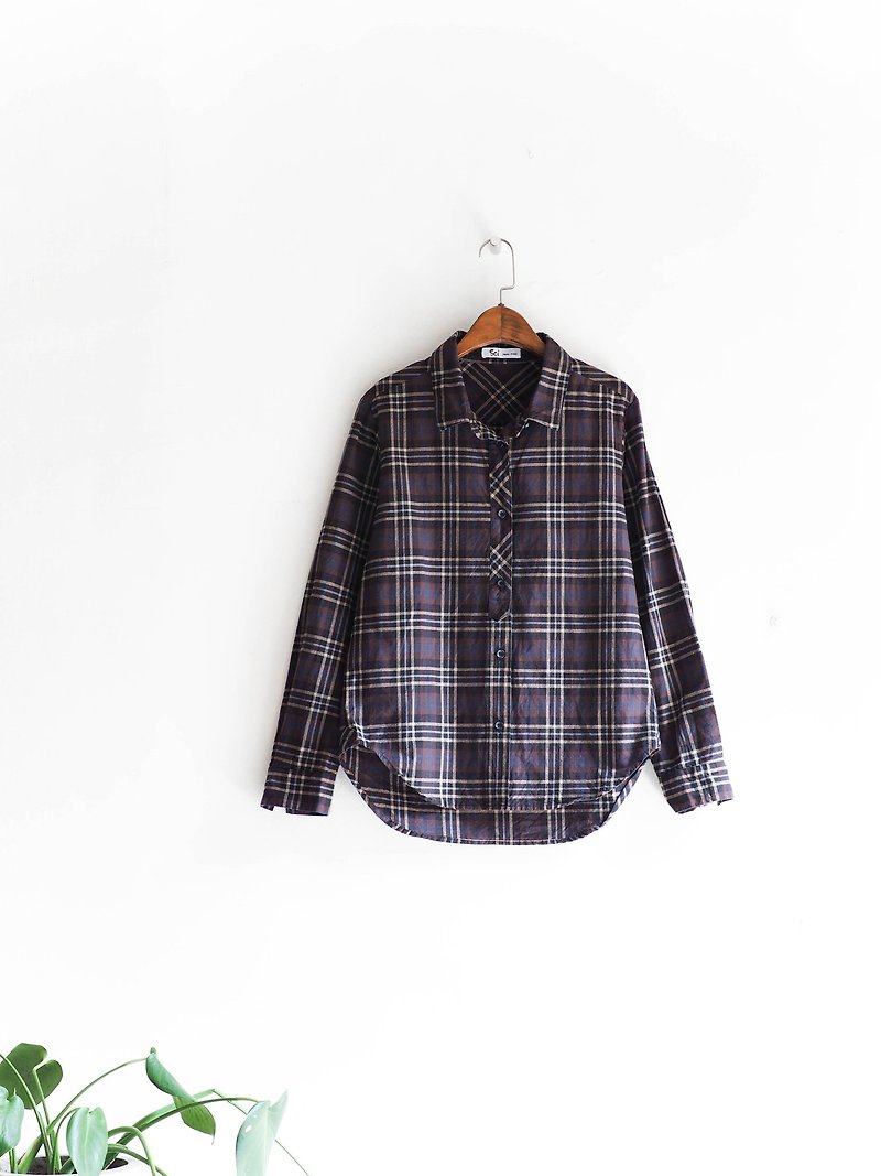 River water mountain - Tokushima dark brown plaid art teddy antique cotton shirt shirt shirt oversize vintage - เสื้อเชิ้ตผู้หญิง - ผ้าฝ้าย/ผ้าลินิน สีนำ้ตาล