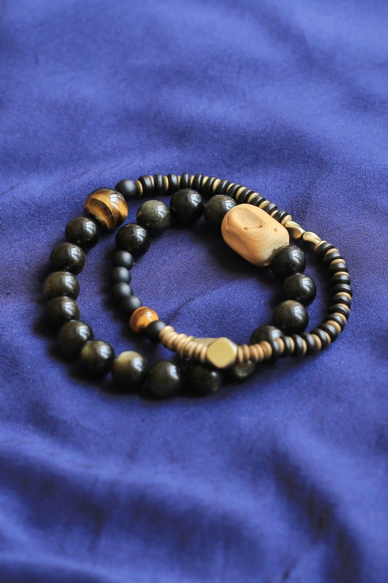 No.8-Original & Black Gold | Erosion Hand-carved Old Cypress Yellow Tiger Eye Stone Stone| Double Circle - สร้อยข้อมือ - เครื่องประดับพลอย 