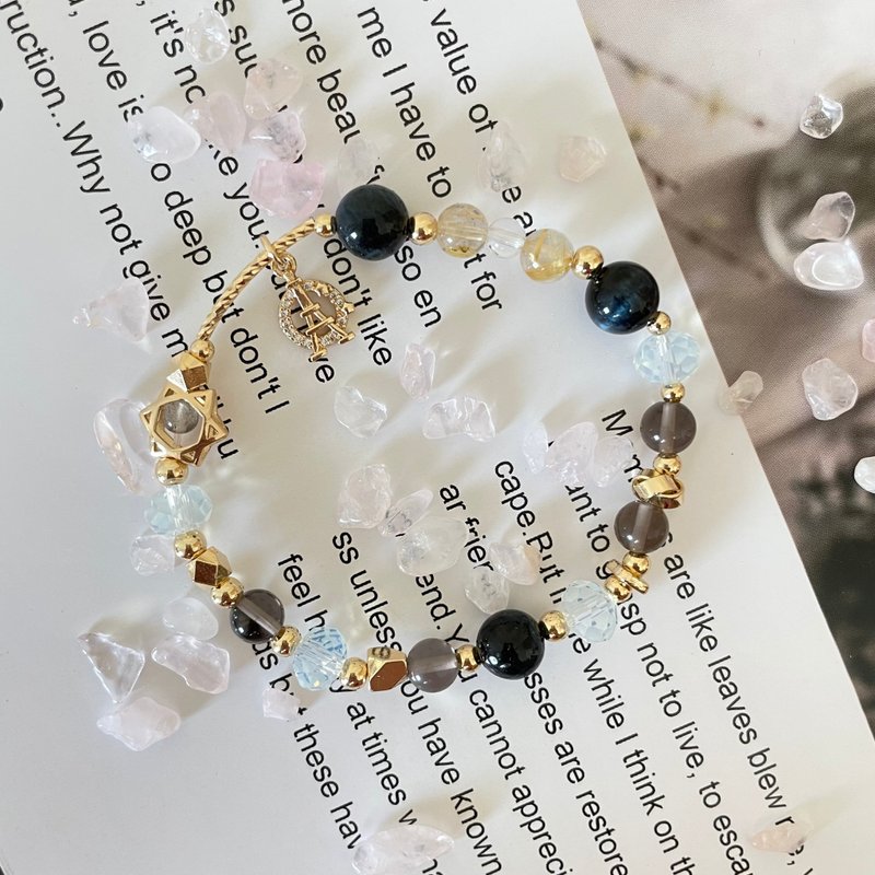 14K包金水晶開運手鍊設計款 藍虎眼 蛋白石 茶水晶 金鈦晶 五行水 - 手鍊/手環 - 水晶 多色