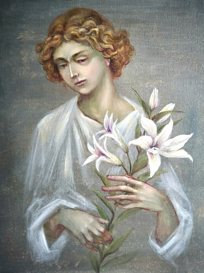 Angel Oil Painting Original Art on Canvas 40x30 cm. Wall Art - ウォールデコ・壁紙 - コットン・麻 