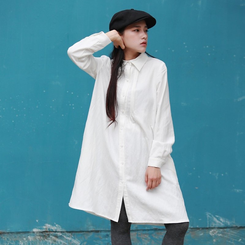 Annie Chen autumn women's long-sleeved shirt loose cotton dress - One Piece Dresses - Cotton & Hemp White