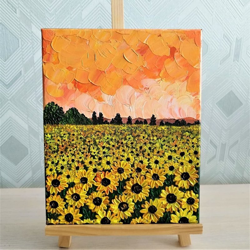 畫 Sunflowers painting Floral landscape original artwork Yellow Flowers painting - 壁貼/牆壁裝飾 - 壓克力 多色