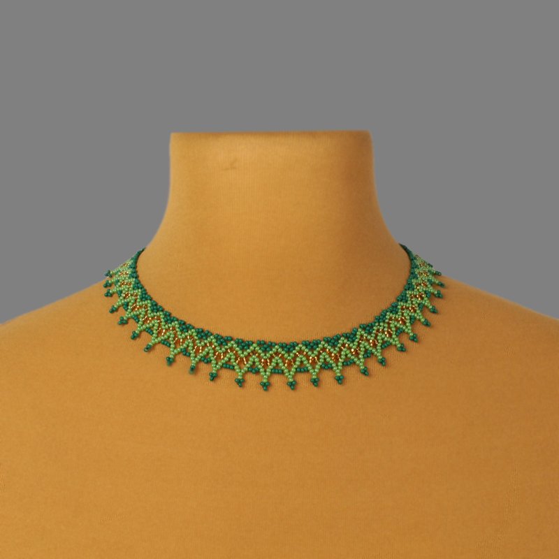 Green and gold bead collar necklace - 項鍊 - 玻璃 綠色