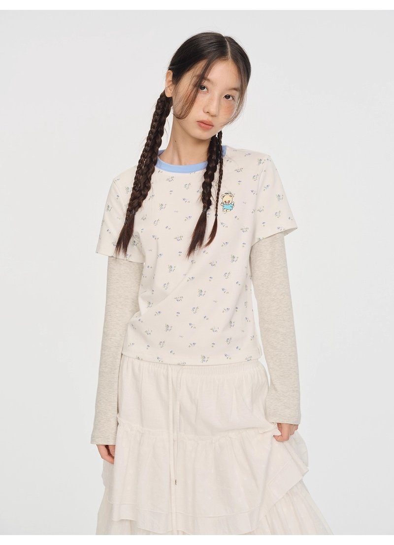 odd maker親膚柔軟撞色繡花顯瘦假兩件長袖T恤女寬松休閒打底上衣 - 女 T 恤 - 棉．麻 