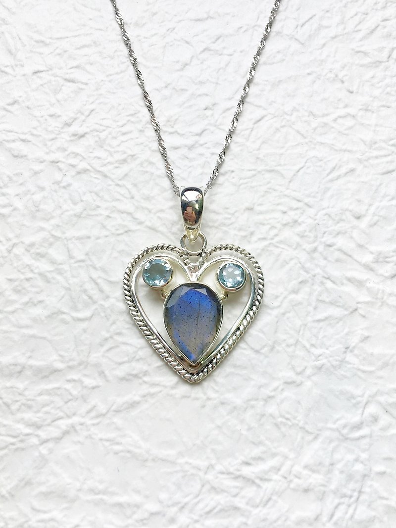 拉長石925純銀米奇愛心項鍊 印度手工鑲嵌製作 - 項鍊 - 寶石 藍色