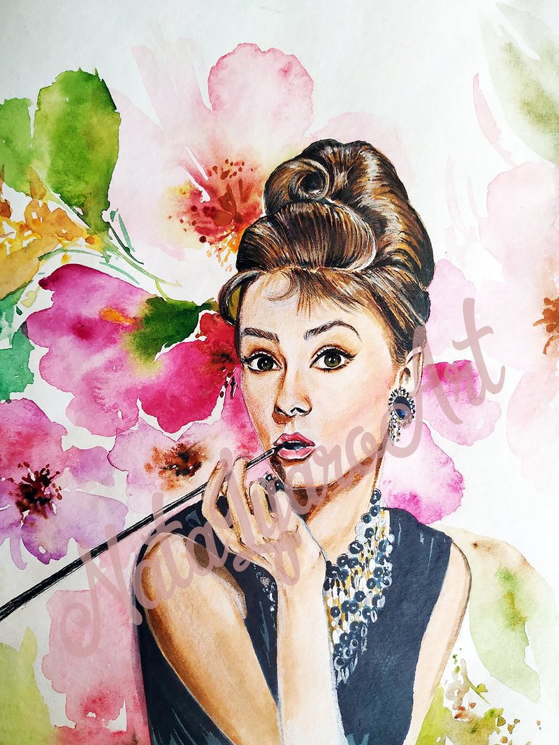 Audrey Hepburn portrait digital 7,5 on 10 inches, (19.05 on 25.4 cm) - วาดภาพ/ศิลปะการเขียน - โลหะ สึชมพู