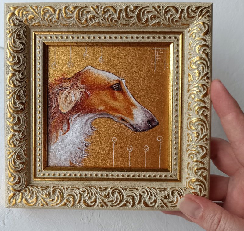 獵狼犬油原框金畫狗藝術 10*10 厘米 - 壁貼/牆壁裝飾 - 其他材質 金色