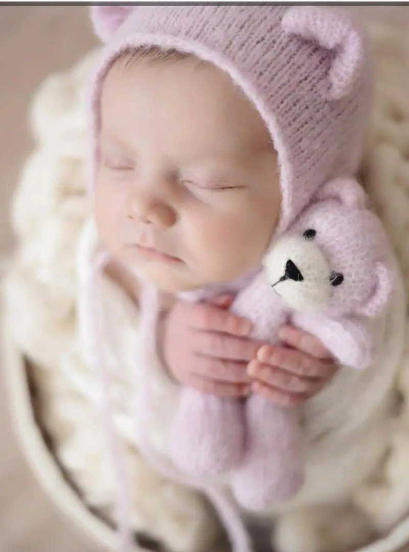 Newborn photo prop set: teddy bear and bonnet - 寶寶/兒童玩具/玩偶 - 羊毛 