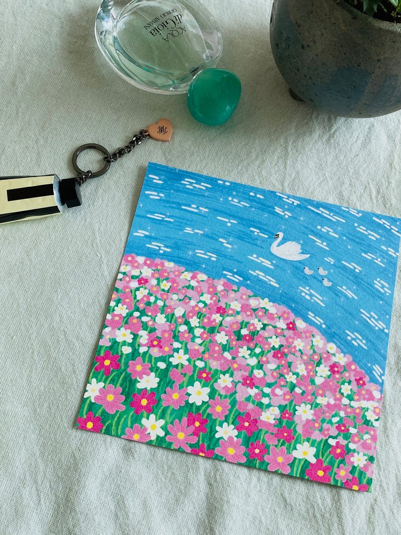 Pink Cosmos River Swan Family – Mini Art Poster - 海報/掛畫/掛布 - 紙 粉紅色