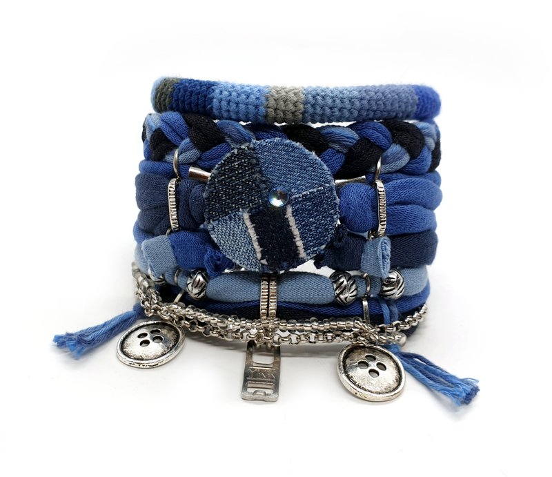 Blue Denim Patchwork Hippie Bracelet Multi Layer Button Charm Seamstress Gift - 手鍊/手環 - 棉．麻 藍色