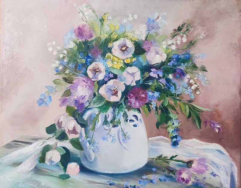 Wild Flowers Painting Flower Original Art Canvas Still life Oil Artwork Bouquet - ตกแต่งผนัง - วัสดุอื่นๆ สีกากี