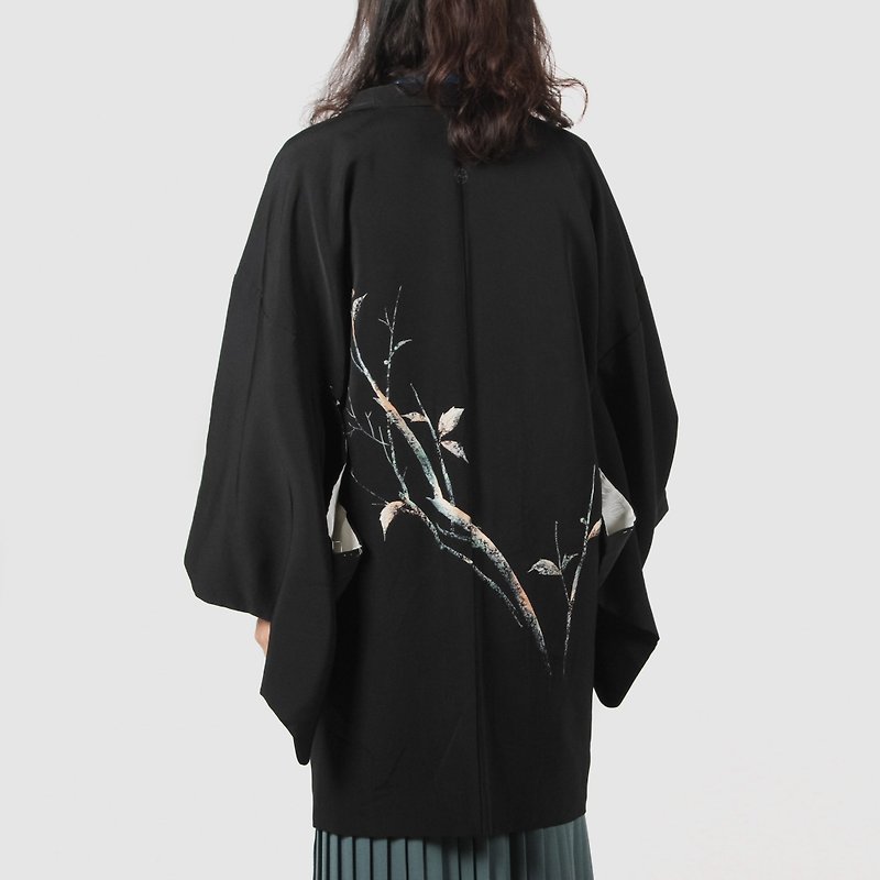 [Egg plant ancient] green bamboo embroidery vintage kimono feather weaving - เสื้อแจ็คเก็ต - ไฟเบอร์อื่นๆ สีดำ